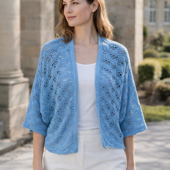 Chico's Sweaters - Chico’s Blue Linen Blend Crochet Open Knit Shrug Patrice Cardigan 2 M NWT